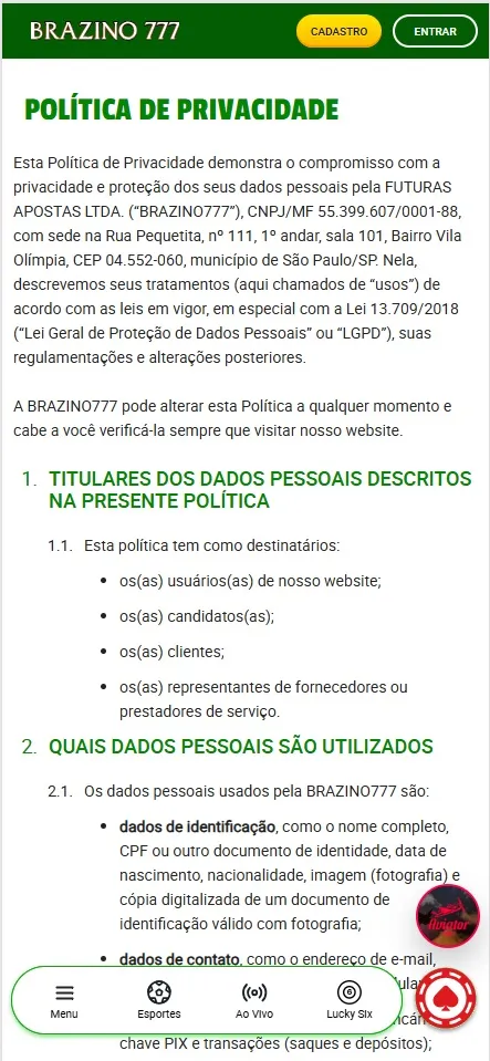 Política de Privacidade Brazino777, tratamento de dados pessoais conforme a LGPD