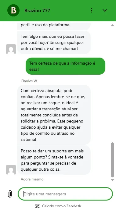 Chat de atendimento Brazino777, suporte confirmando orientações sobre solicitação de saque