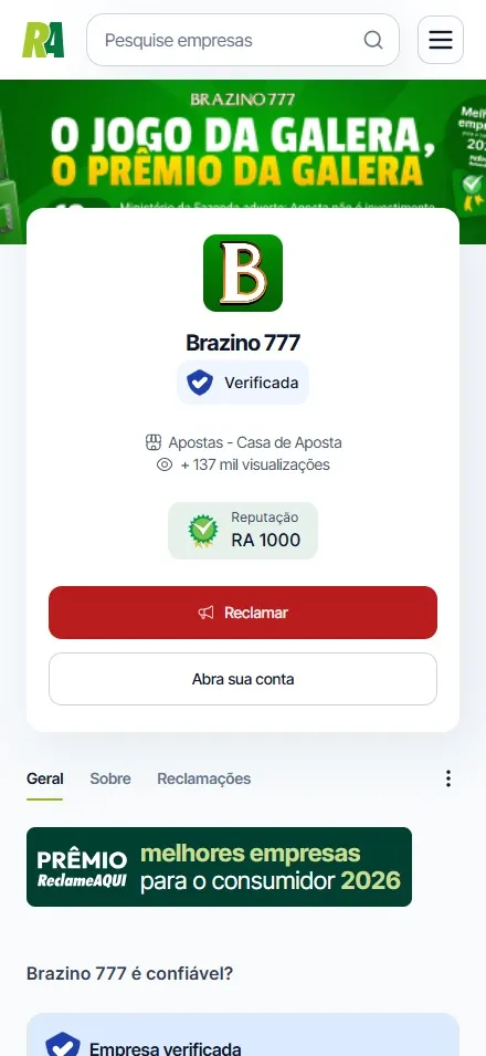 Perfil Brazino777 no Reclame Aqui, selo Reputação RA 1000 e mais de 137 mil visualizações