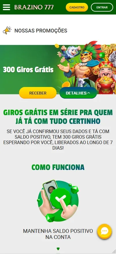 300 Giros Grátis Brazino777, liberados ao longo de 7 dias para quem mantém saldo positivo na conta