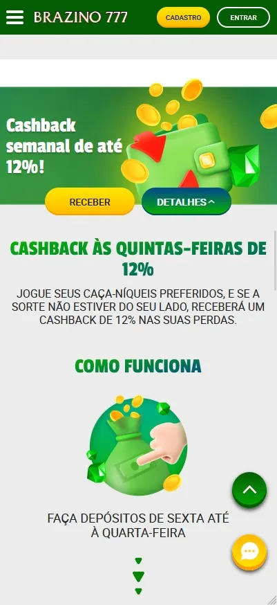 Cashback Semanal Brazino777, reembolso de 12% nas perdas em caça-níqueis com depósitos de sexta a quarta-feira