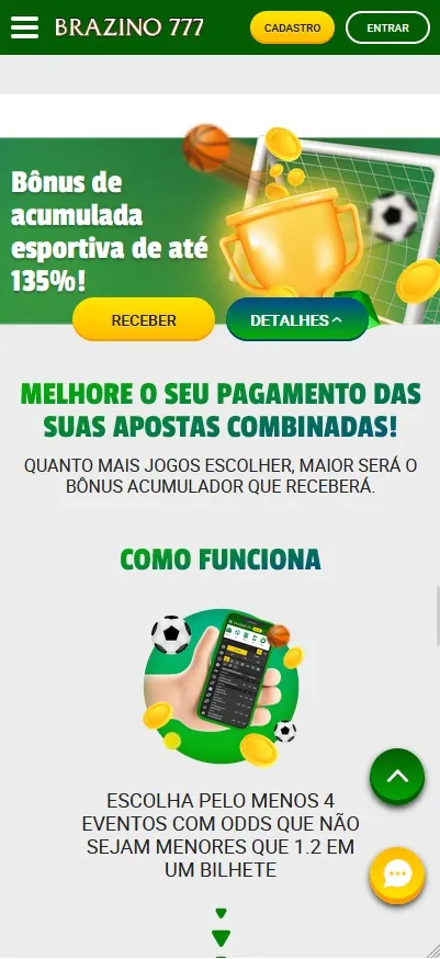 Bônus de Acumulada Brazino777, até 135% de bônus em apostas combinadas com no mínimo 4 eventos e odds a partir de 1.2