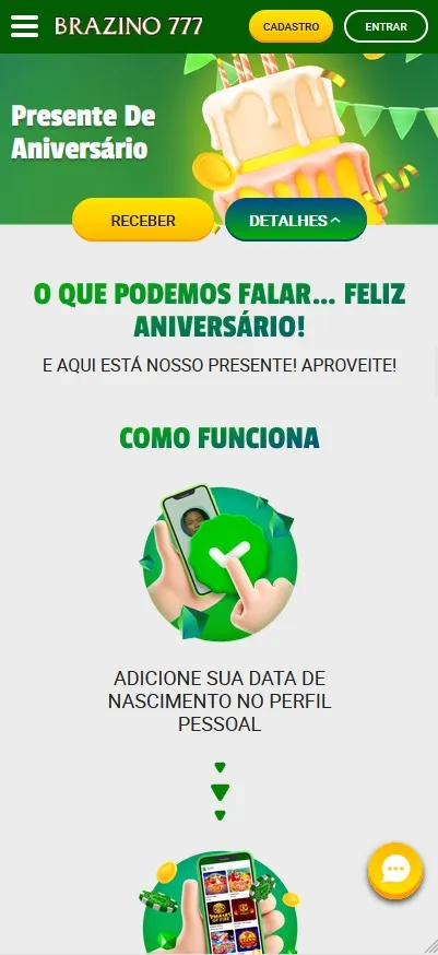 Presente de Aniversário Brazino777, recompensa liberada ao cadastrar a data de nascimento no perfil