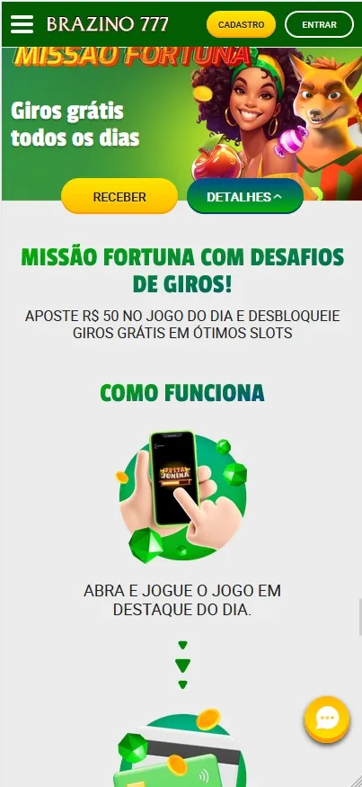 Missão Fortuna Brazino777, giros grátis ao apostar R$50 no jogo em destaque do dia