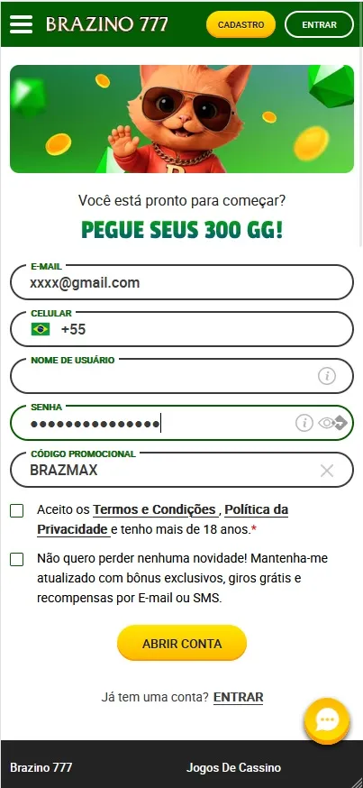 Cadastro Brazino777, formulário com código promocional BRAZMAX preenchido
