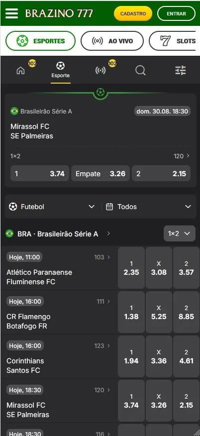 Aposta esportiva Brazino777, odds do Brasileirão Série A com Mirassol x Palmeiras e Atlético Paranaense x Fluminense