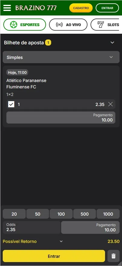 Bilhete de aposta Brazino777, Atlético Paranaense x Fluminense com odd 2.35 e retorno possível de R$23,50