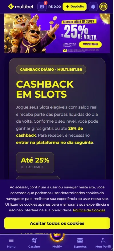 Multibet cashback diário em slots de até 25% sobre perdas líquidas do dia anterior