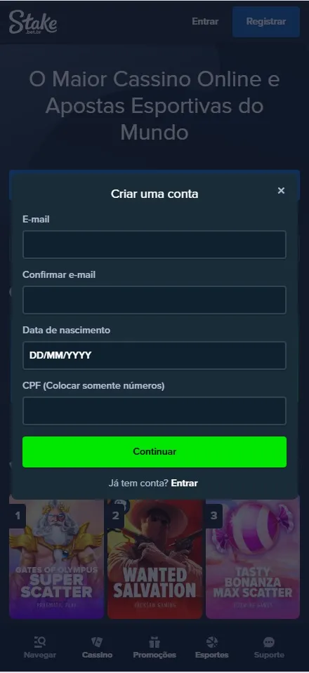 Cadastro Stake, formulário com data de nascimento e CPF para criar conta