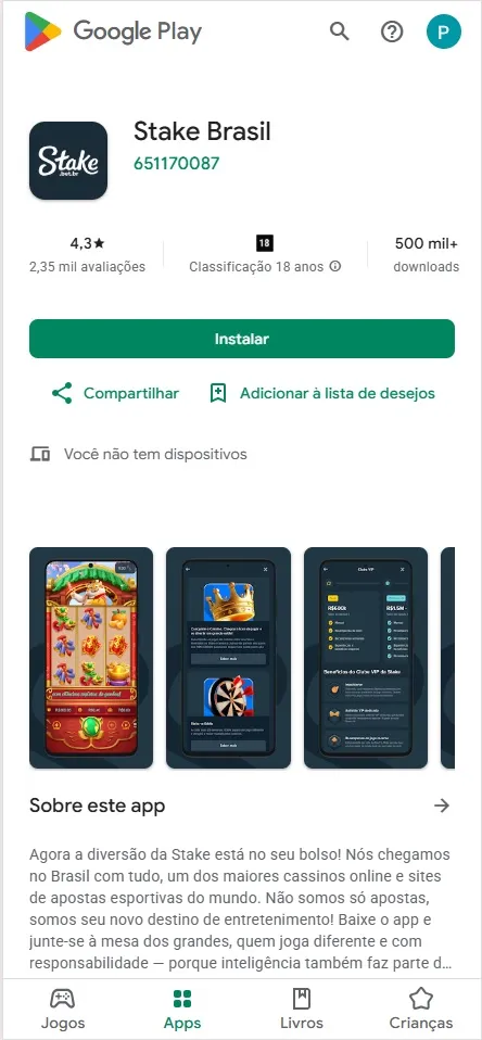 App Stake Brasil na Google Play Store, nota 4,3 com mais de 500 mil downloads