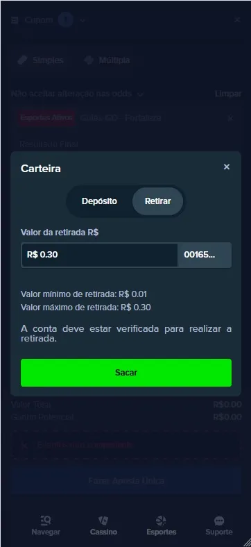 Registro de transações Stake, retirada solicitada no valor de R$0,30.