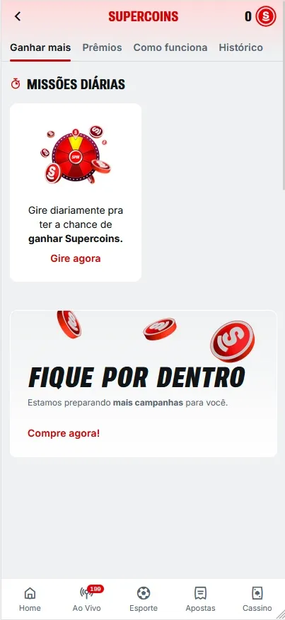 Programa Supercoins da Superbet no aplicativo, com a aba Ganhar Mais e a roleta de missões diárias