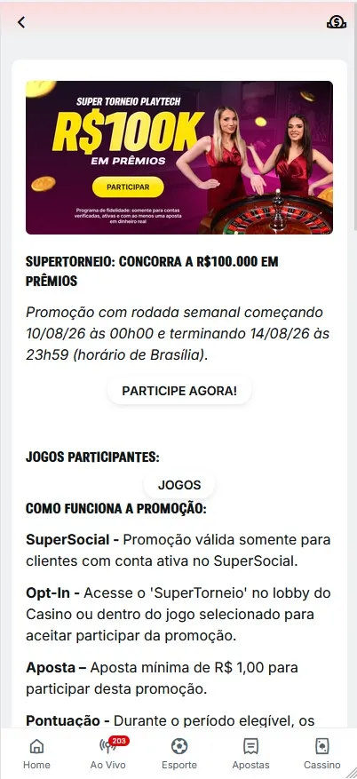Promoção Super Torneio Playtech da Superbet no aplicativo, com ranking de pontos e prêmio de até R$ 100 mil