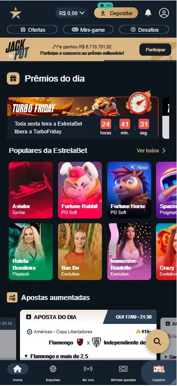 EstrelaBet cassino com jackpot de R$ 6.710.701,82 e aposta turbinada de Flamengo x Independiente na Libertadores