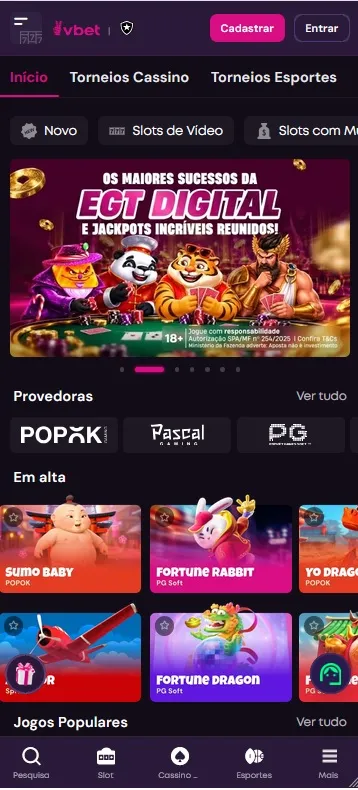 Vbet cassino com slots da EGT Digital em destaque e jogos populares como Fortune Rabbit e Fortune Dragon