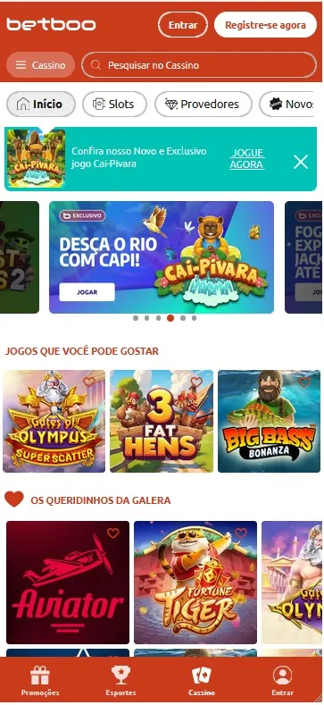 Betboo cassino com jogo exclusivo Cai-Pivara e favoritos como Aviator e Gates of Olympus Super Scatter
