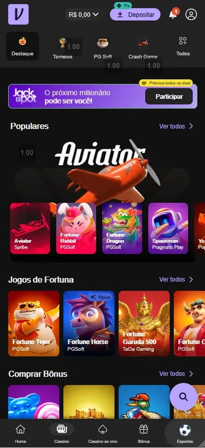 Vupi cassino com jackpot em destaque e jogos de fortuna como Fortune Tiger e Fortune Garuda 500
