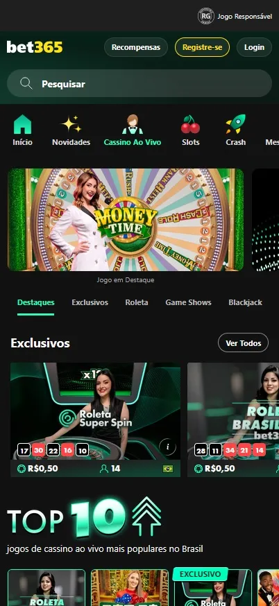 bet365 cassino ao vivo com Money Time em destaque e roletas exclusivas a partir de R$ 0,50