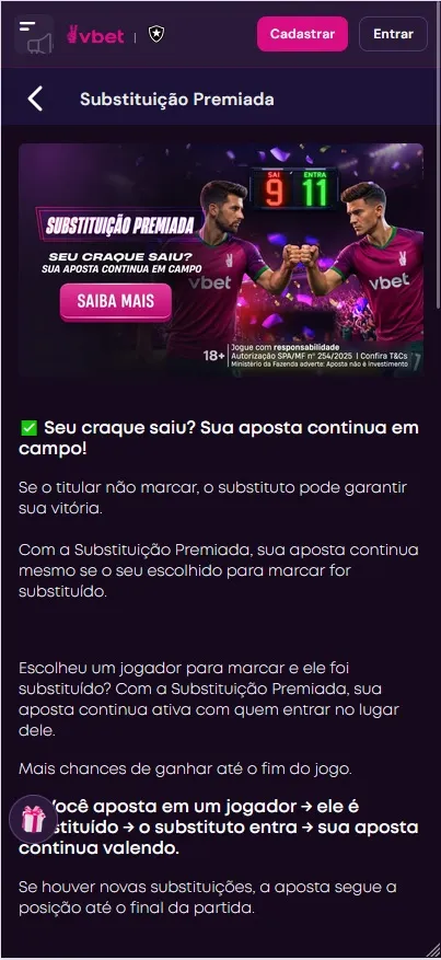 Vbet Substituição Premiada mantém a aposta válida se o jogador escolhido for substituído em campo