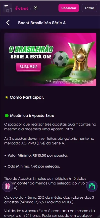 Vbet Boost Brasileirão Série A concede aposta extra de até R$ 100 após três apostas ao vivo de R$ 10