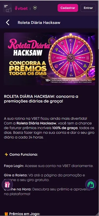 Vbet Roleta Diária Hacksaw com giro grátis a cada 24 horas e prêmios sorteados sem custo