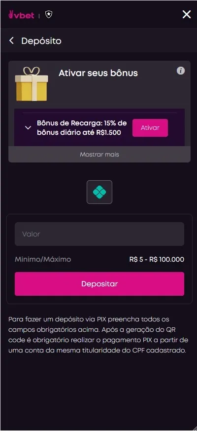 Vbet tela de depósito via Pix com bônus de recarga de 15% ao dia até R$ 1.500