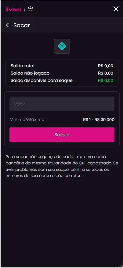 Vbet tela de saque via Pix com limite entre R$ 1 e R$ 30.000