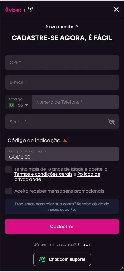 Vbet formulário de cadastro com CPF, e-mail, telefone, senha e código de indicação CODE100