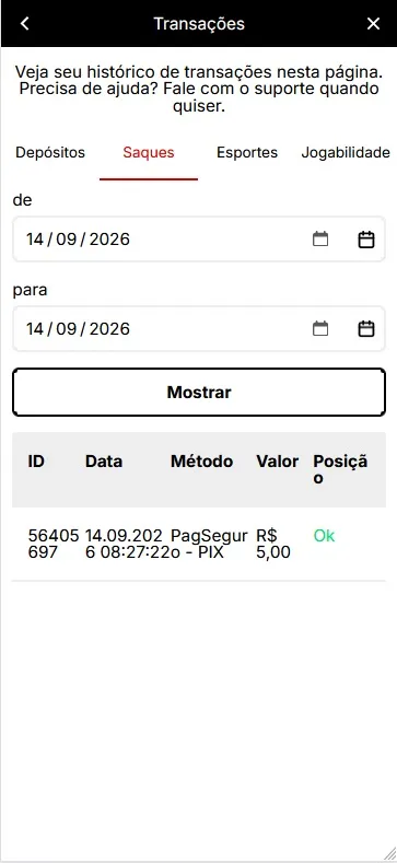 Saque realizado na KTO no dia 14/09 no valor de R$5