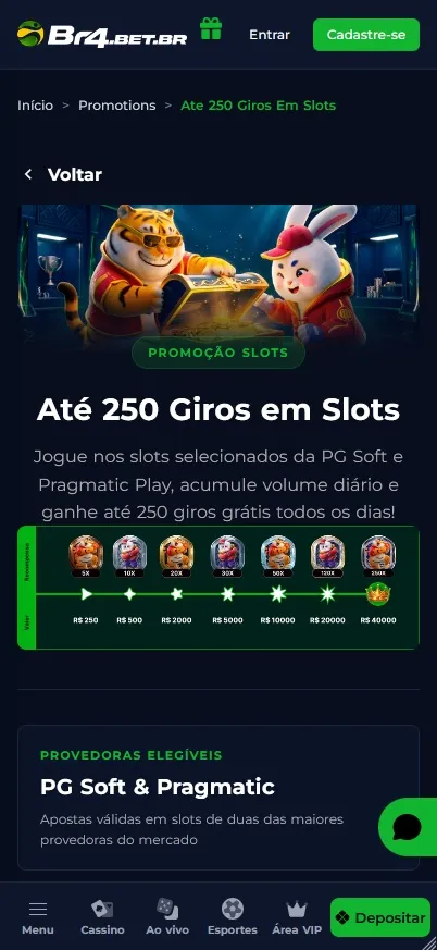 Até 250 Giros em Slots Br4bet, recompensas progressivas de 5 a 250 giros conforme volume diário nos jogos PG Soft e Pragmatic Play